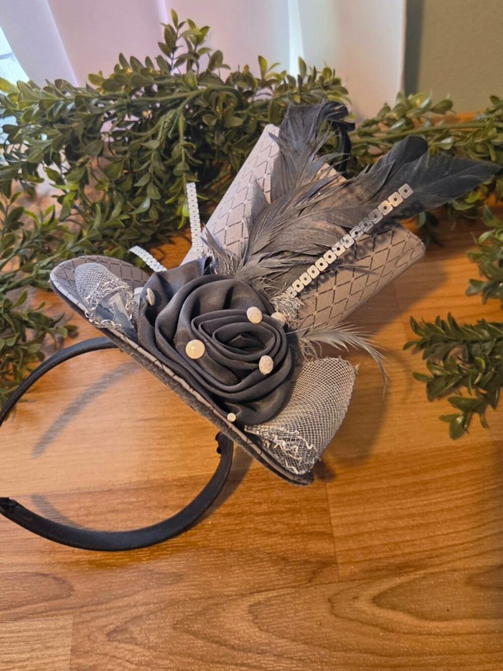 Steampunk Gothic Mini Top Hat Headband with Feathers & Rose